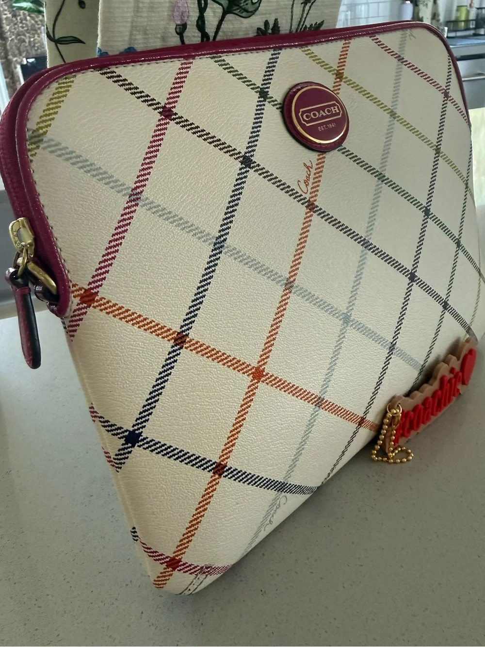 Coach Tattersall plaid Peyton tablet iPad, Crossbody case EUC w/coachie charm
